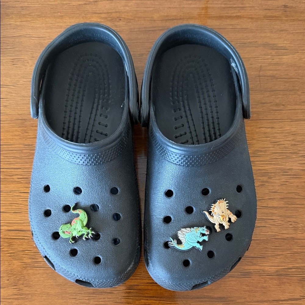 CROCS Black Clogs with Dinosaur Charms